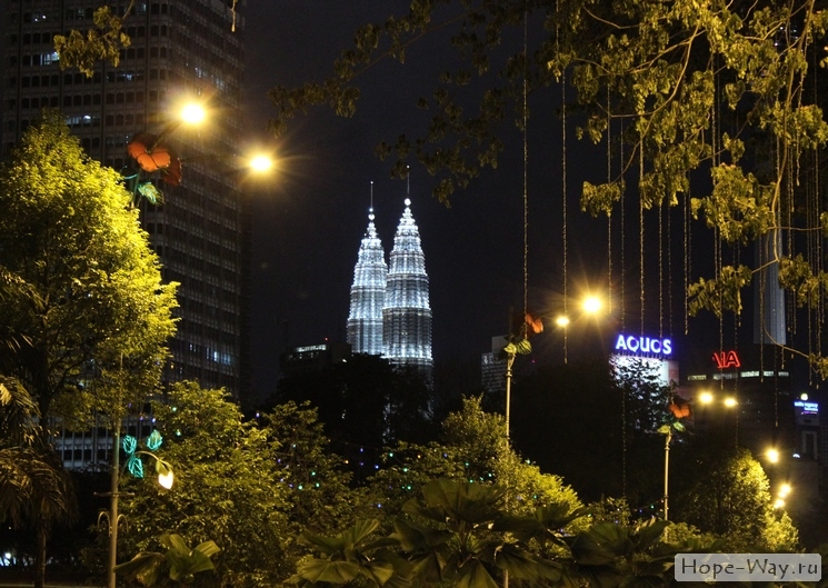 Petronas Twin Towers с вечерней подсветкой, вид из Perdana Botanical Garden Kuala Lumpur