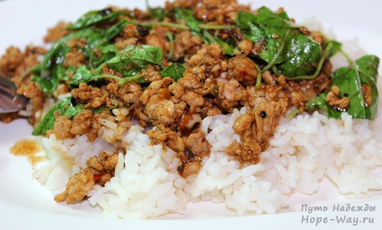 Khao Pad Kra Prao Gai - пареный рис с кусочками жареного куриного фарша и базиликом (обычно подают с жареным яйцом)